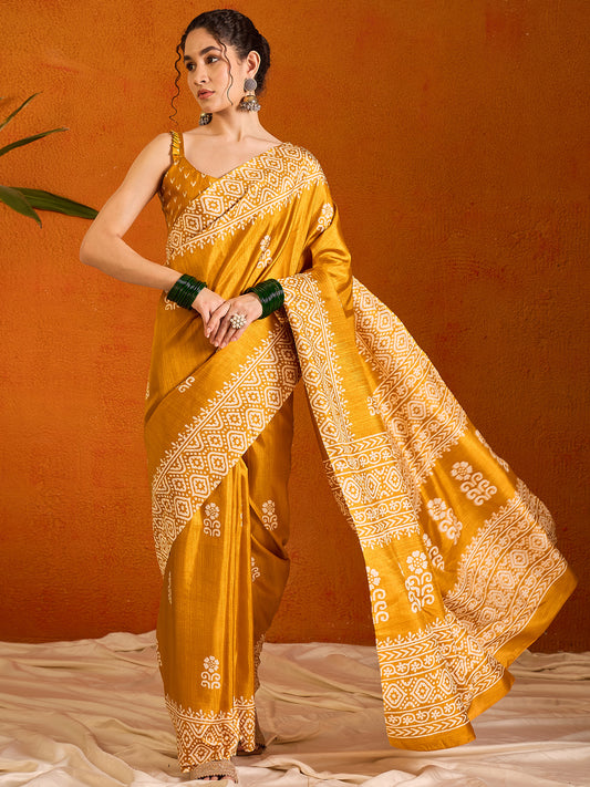 Women's Cotton Blend Yellow Printed Designer Saree With Blouse Piece