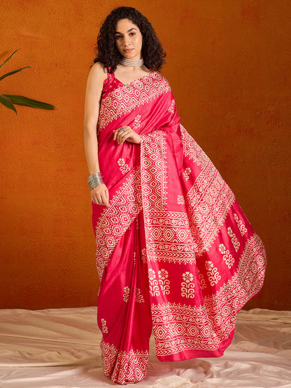 Women's Cotton Blend Pink Printed Designer Saree With Blouse Piece