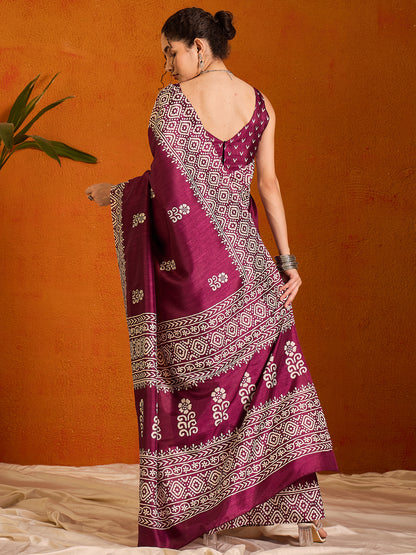 Women's Cotton Blend Magenta Printed Designer Saree With Blouse Piece