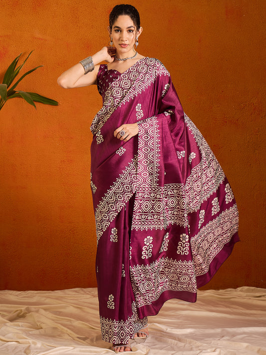 Women's Cotton Blend Magenta Printed Designer Saree With Blouse Piece