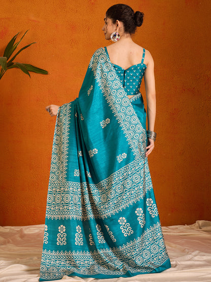Women's Cotton Blend Light Blue Printed Designer Saree With Blouse Piece