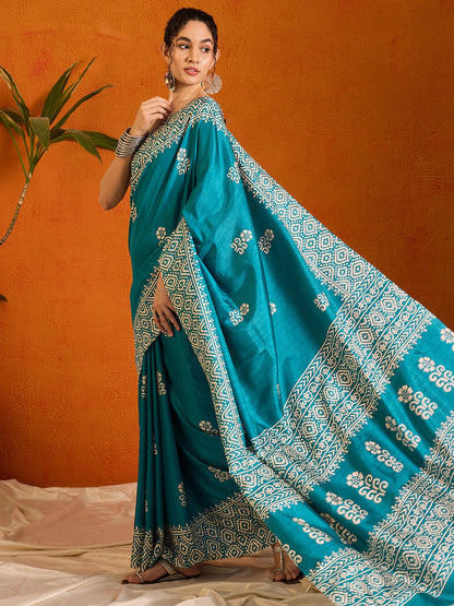 Women's Cotton Blend Light Blue Printed Designer Saree With Blouse Piece