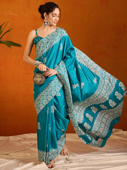 Women's Cotton Blend Light Blue Printed Designer Saree With Blouse Piece