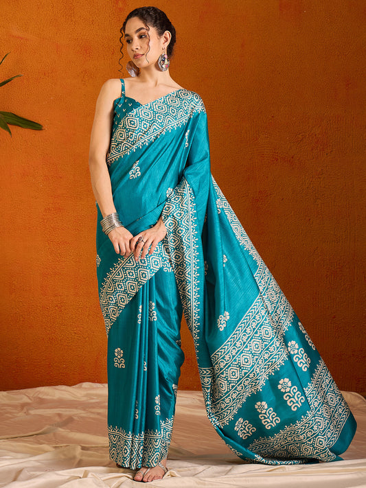 Women's Cotton Blend Light Blue Printed Designer Saree With Blouse Piece