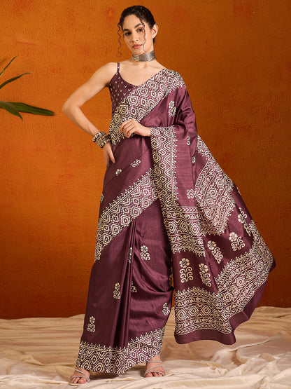 Women's Cotton Blend Burgundy Printed Designer Saree With Blouse Piece