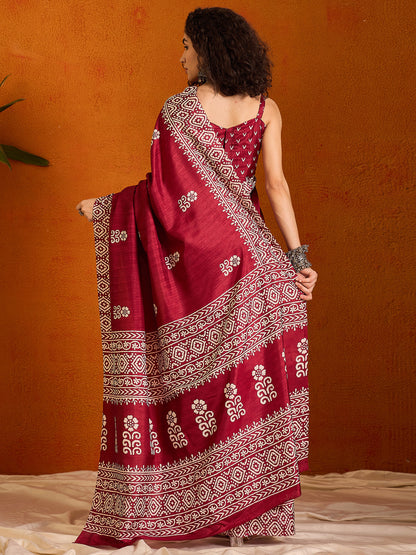 Women's Cotton Blend Pink Printed Designer Saree With Blouse Piece