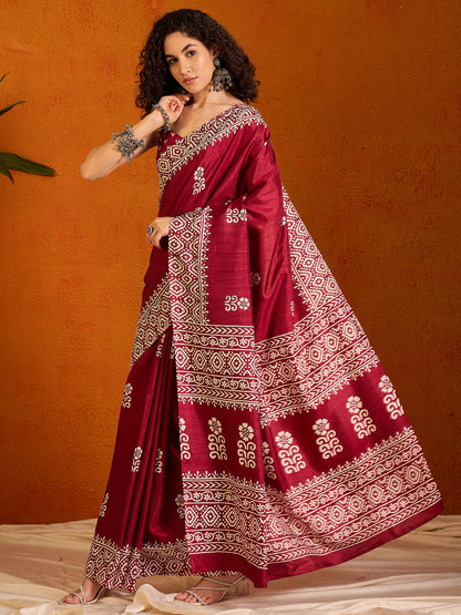 Women's Cotton Blend Pink Printed Designer Saree With Blouse Piece