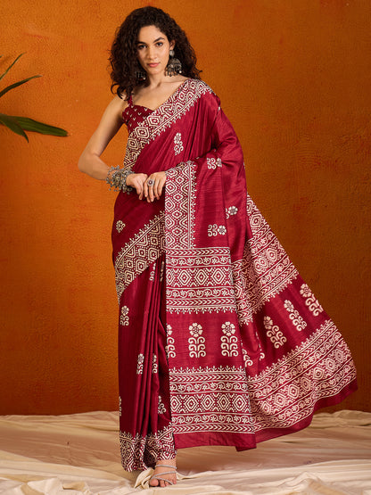Women's Cotton Blend Pink Printed Designer Saree With Blouse Piece