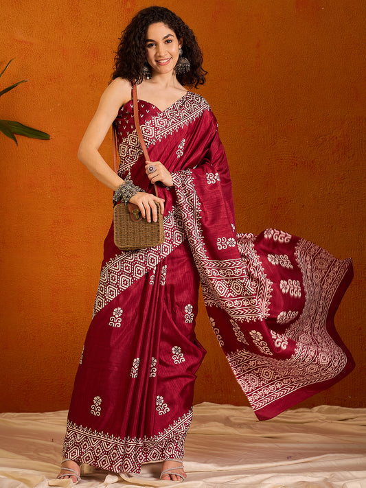 Women's Cotton Blend Pink Printed Designer Saree With Blouse Piece