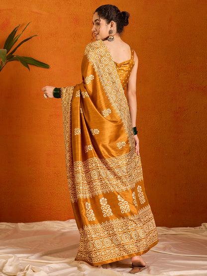 Women's Cotton Blend Mustard Printed Designer Saree With Blouse Piece