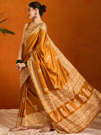 Women's Cotton Blend Mustard Printed Designer Saree With Blouse Piece