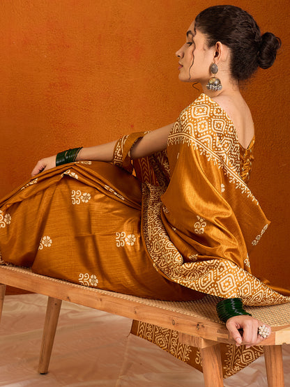 Women's Cotton Blend Mustard Printed Designer Saree With Blouse Piece