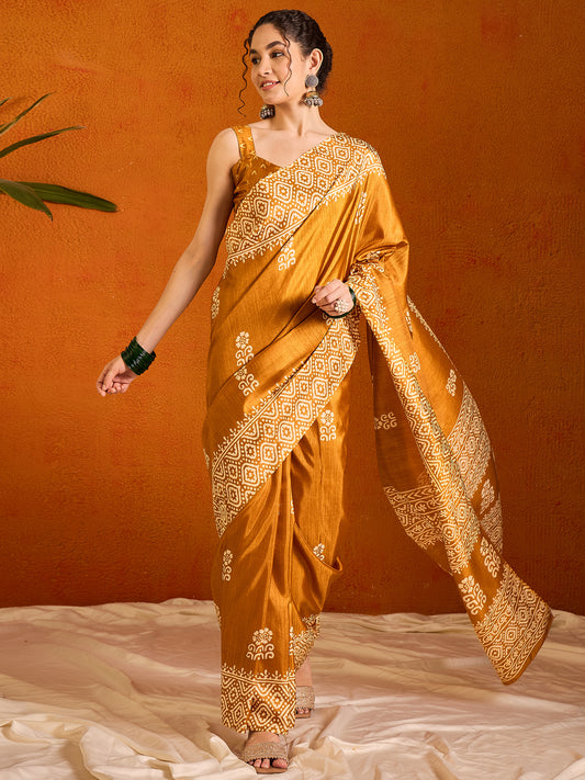 Women's Cotton Blend Mustard Printed Designer Saree With Blouse Piece