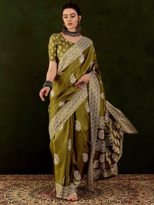 Women's Cotton Blend Olive Printed Designer Saree With Blouse Piece