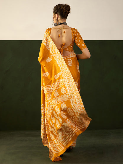 Women's Cotton Blend Mustard Printed Designer Saree With Blouse Piece