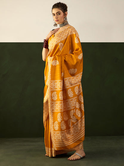 Women's Cotton Blend Mustard Printed Designer Saree With Blouse Piece
