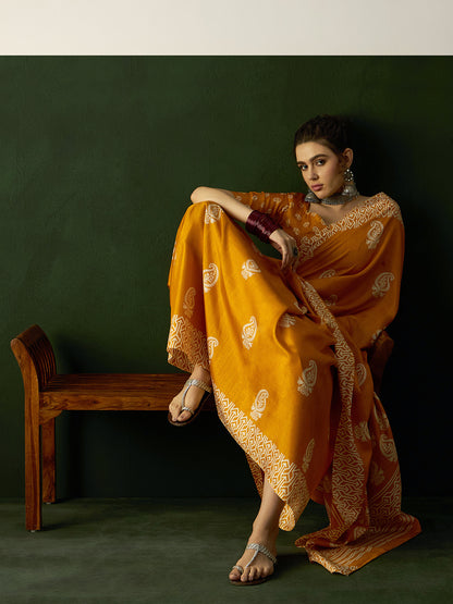 Women's Cotton Blend Mustard Printed Designer Saree With Blouse Piece