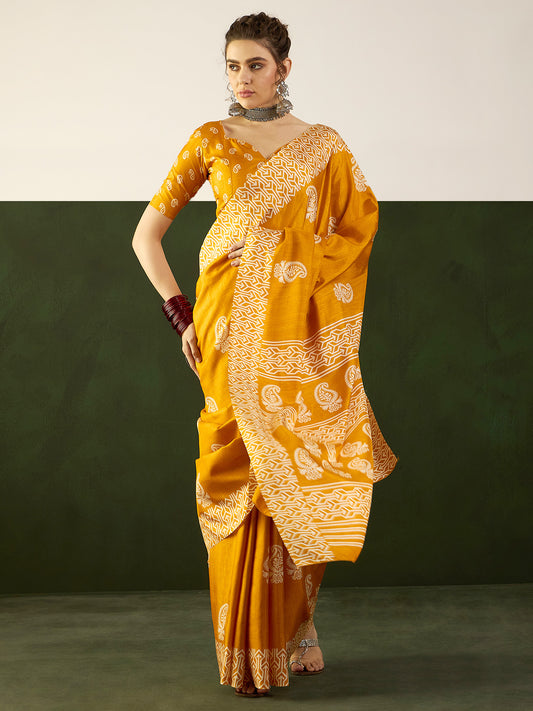 Women's Cotton Blend Mustard Printed Designer Saree With Blouse Piece