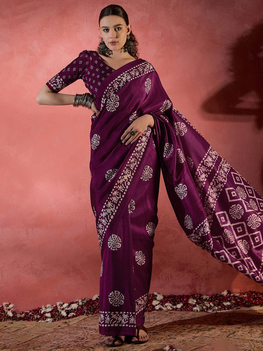 Women's Cotton Blend Magenta Printed Designer Saree With Blouse Piece