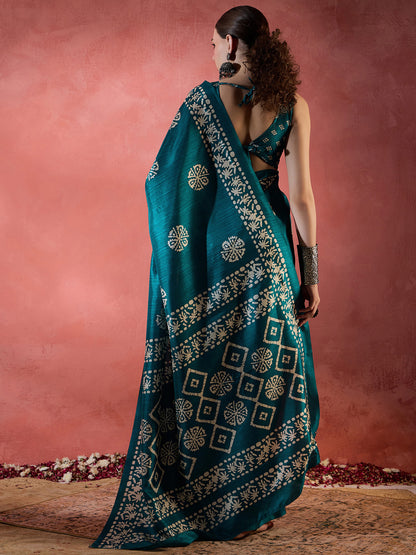Women's Cotton Blend Blue Printed Designer Saree With Blouse Piece