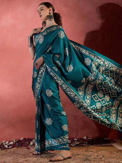 Women's Cotton Blend Blue Printed Designer Saree With Blouse Piece