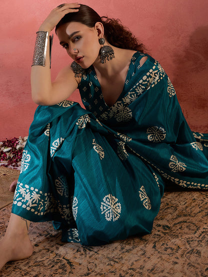 Women's Cotton Blend Blue Printed Designer Saree With Blouse Piece