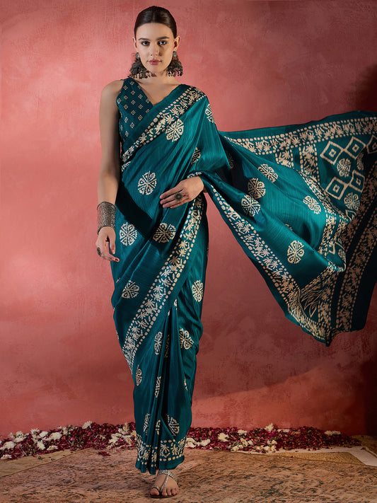 Women's Cotton Blend Blue Printed Designer Saree With Blouse Piece