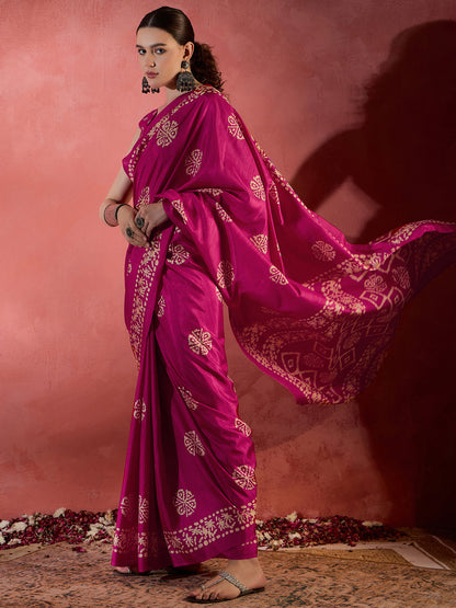 Women's Cotton Blend Pink Printed Designer Saree With Blouse Piece