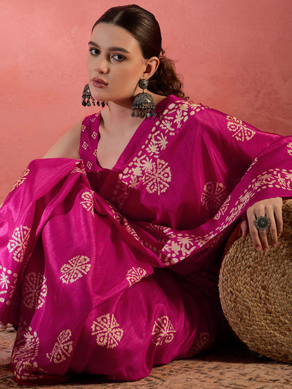 Women's Cotton Blend Pink Printed Designer Saree With Blouse Piece