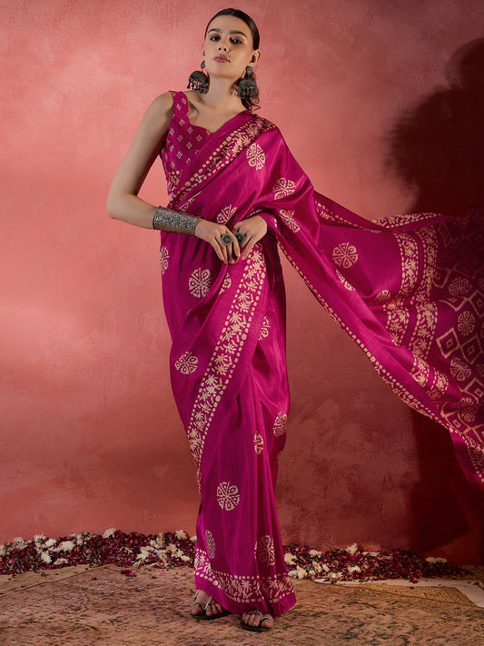 Women's Cotton Blend Pink Printed Designer Saree With Blouse Piece