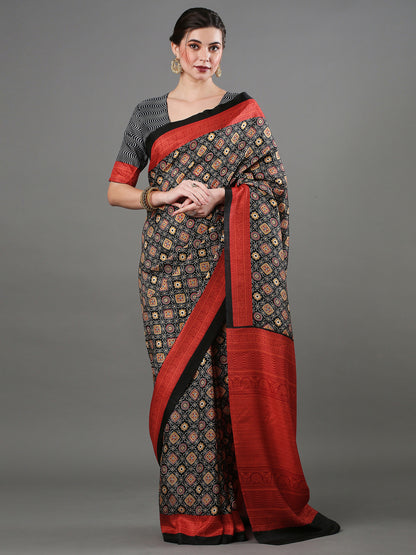 Women's Dola Silk Black Digital Print Designer Saree With Blouse Piece