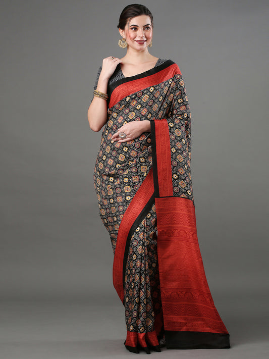 Women's Dola Silk Black Digital Print Designer Saree With Blouse Piece