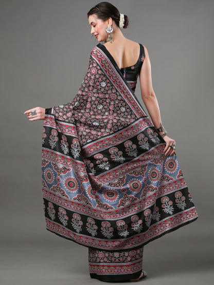 Women's Dola Silk Black Digital Print Designer Saree With Blouse Piece