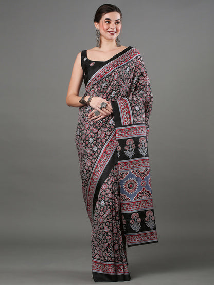 Women's Dola Silk Black Digital Print Designer Saree With Blouse Piece