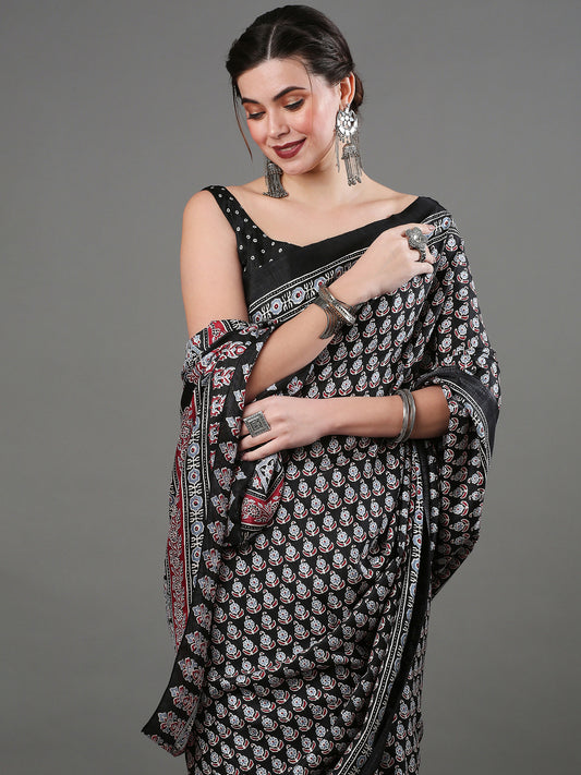 Women's Dola Silk Black Digital Print Designer Saree With Blouse Piece