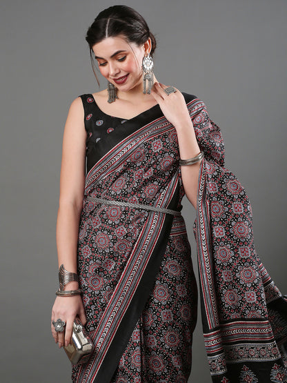Women's Dola Silk Black Digital Print Designer Saree With Blouse Piece