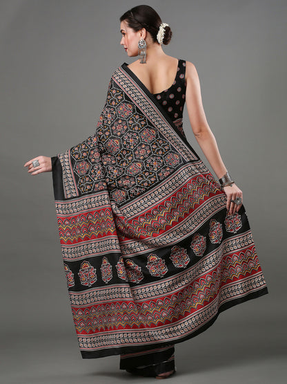 Women's Dola Silk Black Digital Print Designer Saree With Blouse Piece