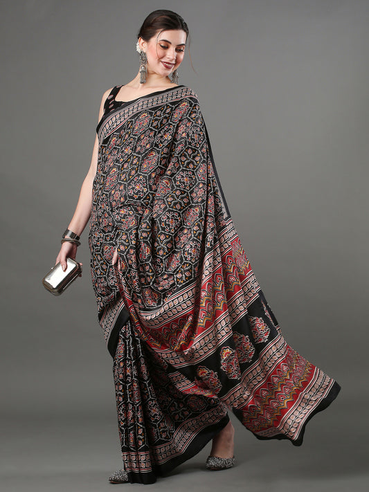 Women's Dola Silk Black Digital Print Designer Saree With Blouse Piece