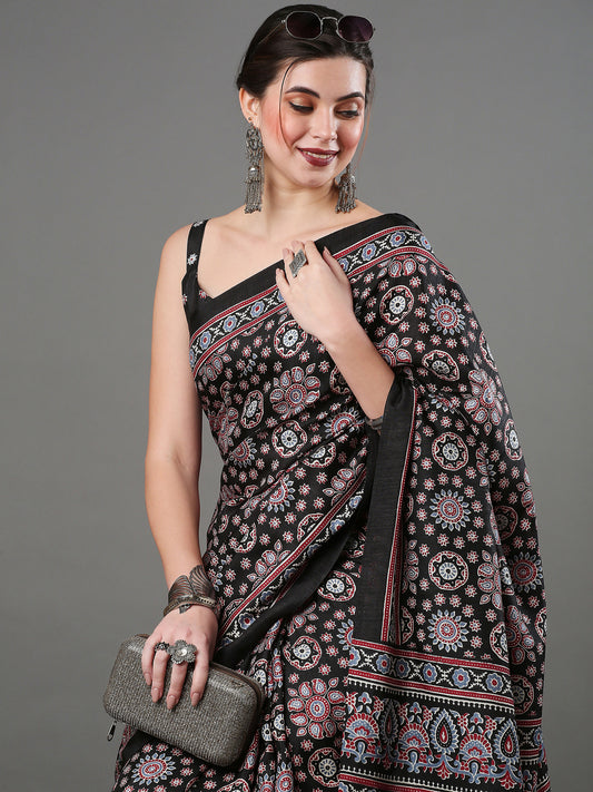 Women's Dola Silk Black Digital Print Designer Saree With Blouse Piece