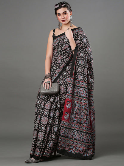 Women's Dola Silk Black Digital Print Designer Saree With Blouse Piece