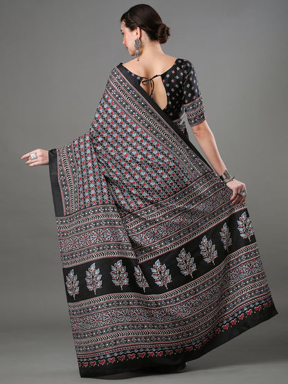 Women's Dola Silk Black Digital Print Designer Saree With Blouse Piece