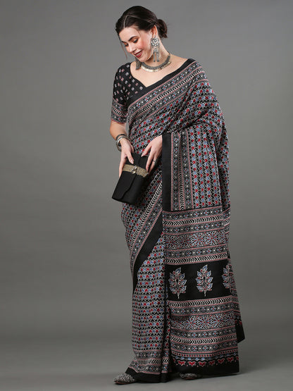 Women's Dola Silk Black Digital Print Designer Saree With Blouse Piece