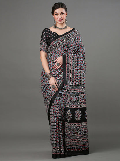 Women's Dola Silk Black Digital Print Designer Saree With Blouse Piece