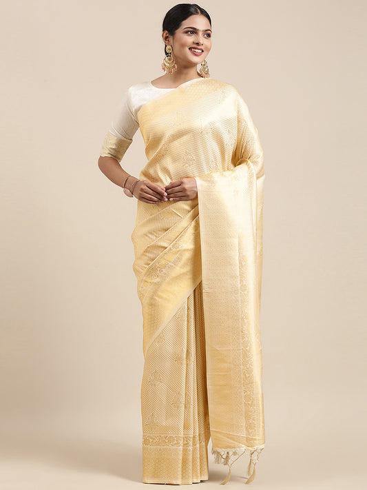 Women's Silk Blend Off White Woven Design Designer Saree With Blouse Piece