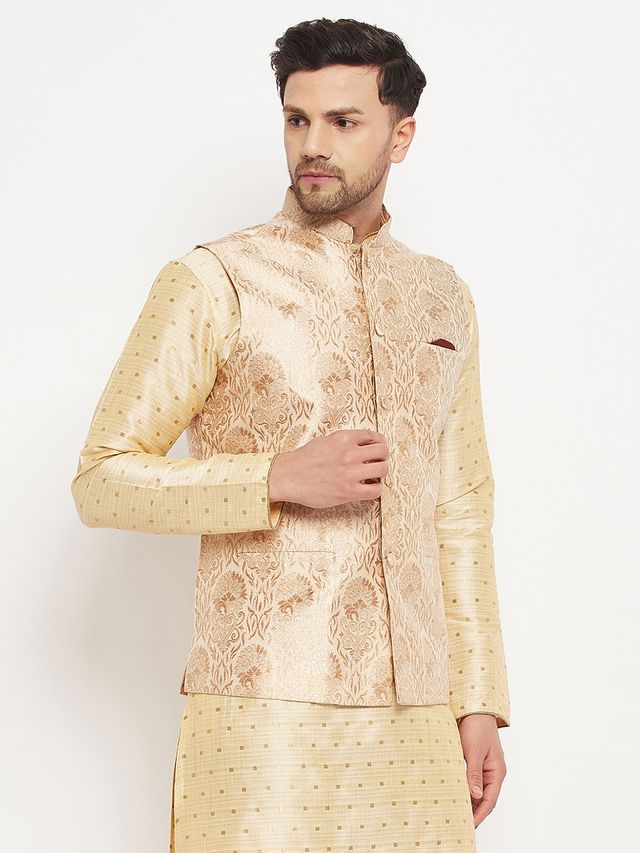 Men's Maroon Silk Blend Straight Jacket  Kurta and Pyjama Set