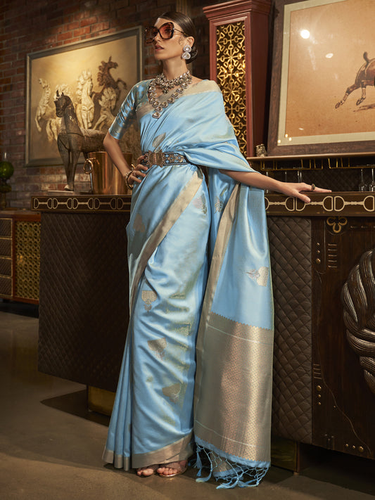 Women's Silk Blend Turquoise Woven Design Handloom Saree With Blouse Piece