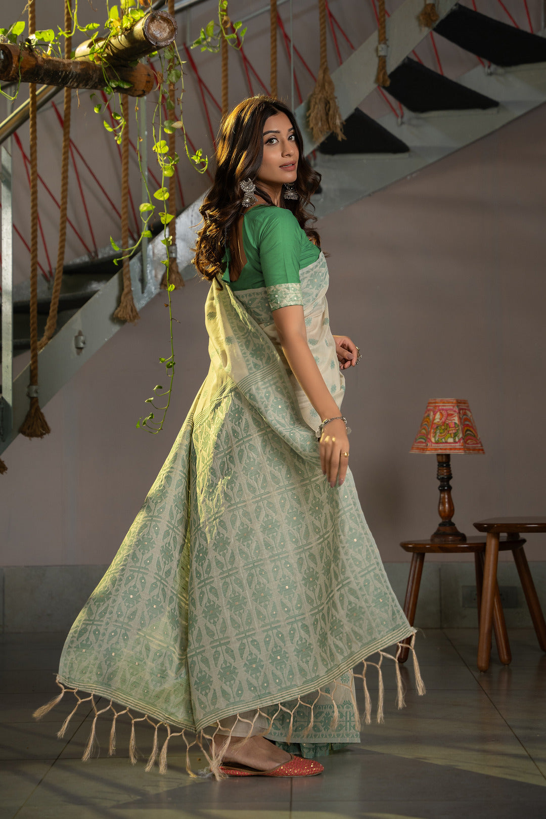 Dhiyona GR Women's Kusum Caledon Green Soft Cotton Jamdani Saree