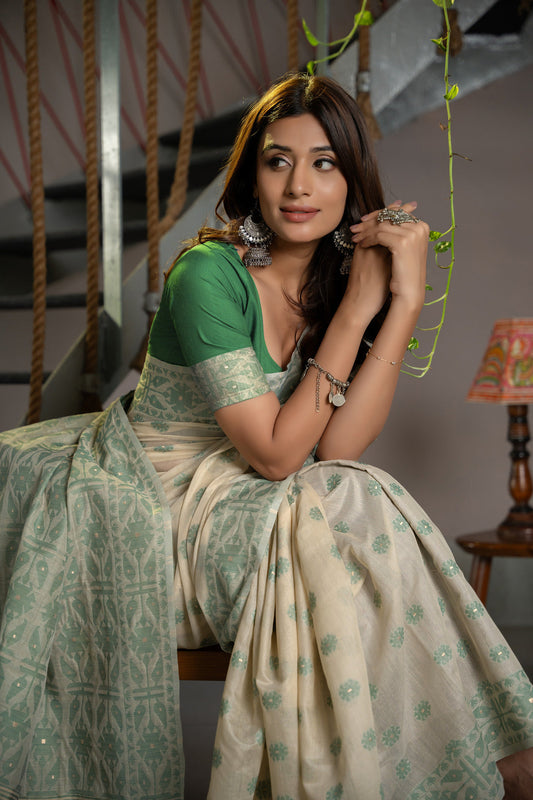 Dhiyona GR Women's Kusum Caledon Green Soft Cotton Jamdani Saree