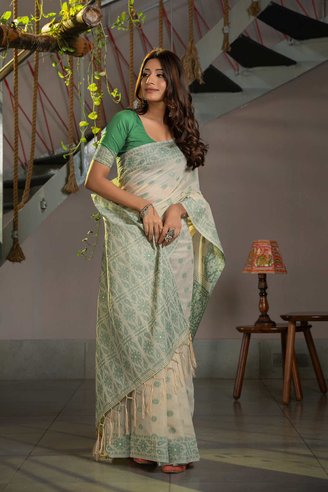 Dhiyona GR Women's Kusum Caledon Green Soft Cotton Jamdani Saree