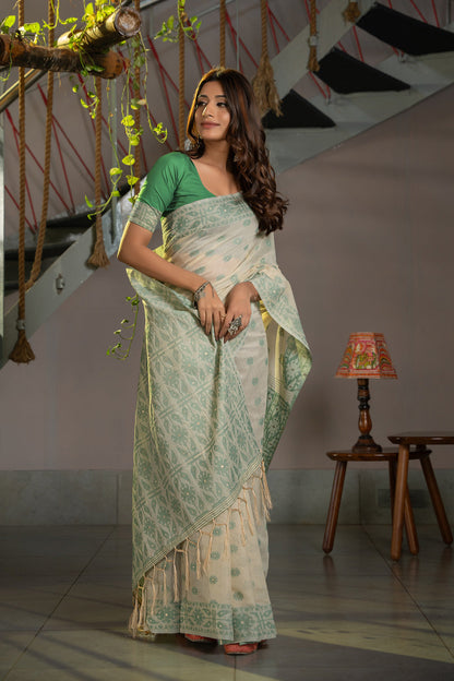 Dhiyona GR Women's Kusum Caledon Green Soft Cotton Jamdani Saree